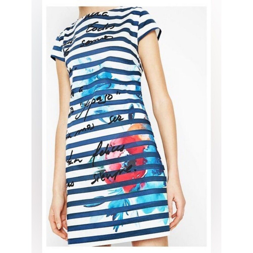 Desigual Striped Graphic Dress Blue White Script Print Mini Size 40 EU / US Med